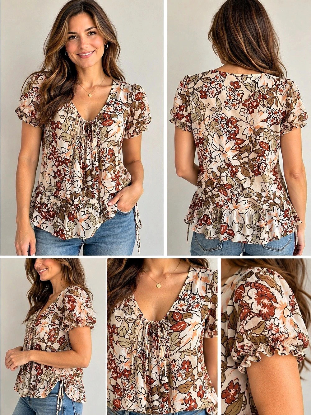 Sunny Leigh Floral Short Sleeve Blouse in Cream & Brown Size Medium